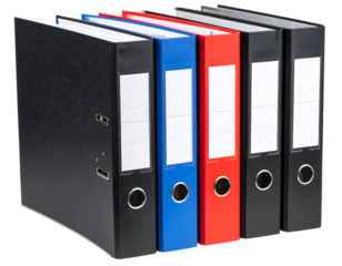 Several sturdy document binders in various colors are neatly aligned for professional office use.