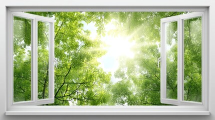 Sunlight streams through green leafy trees, viewed from an open white-framed window, creating a fresh and tranquil outdoor scene