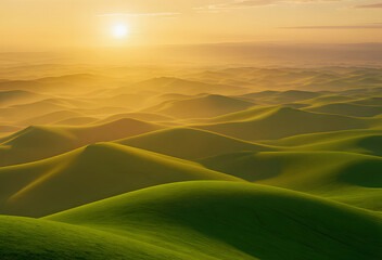 Golden Green Rolling Hills Abstract Landscape at Sunset