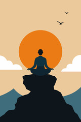 person meditating on rocky outcrop sun and mist