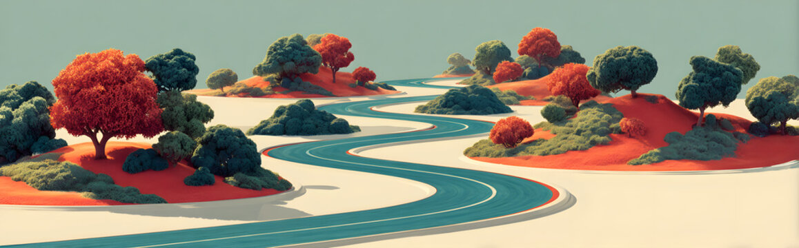 A series of winding roads depicted in a stylized manner, showcasing different paths and directions against a light background. Isolations set on white background.