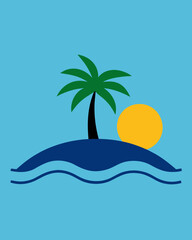 Fototapeta premium island with single palm tree in center sun behind