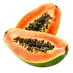 Beautiful fresh two halves of a papaya fruit on a transparent background Generative AI