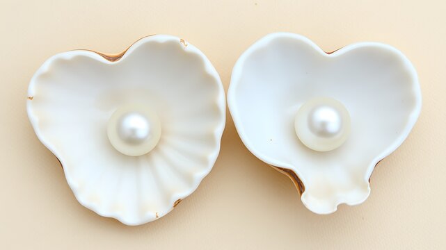 Two elegant white pearl gems resting in heart shaped seashells on cream background