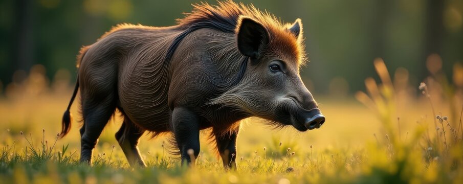 Dense underfur and long guard hairs of a wild boar, wild pig, mammal hair