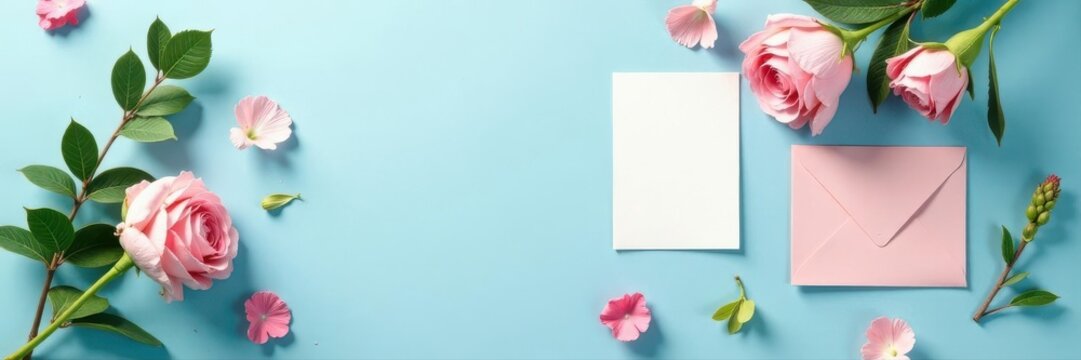 Flat lay summer wedding stationery mockup Blue background, eucalyptus, solid color cards , design, eucalyptus, invitation suite