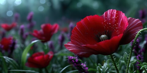 Vivid red poppies bloom among lush green foliage in a serene meadow during early morning light