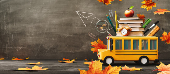School bus arriving with school accessories and books. Ready for school concept background with copy space. 3D Rendering, 3D Illustration	