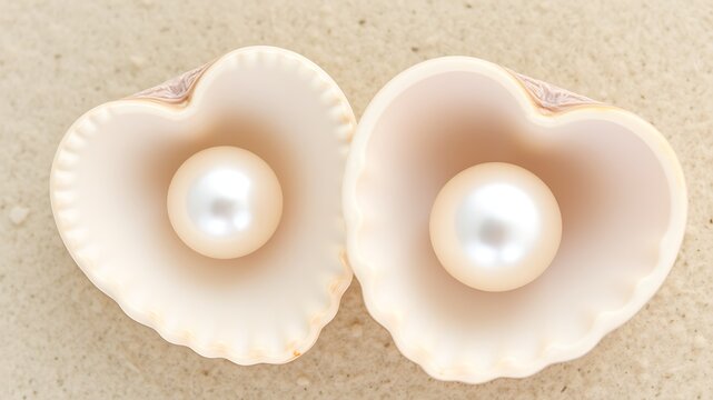 Two perfect pearls resting inside elegant open seashells on a sandy beach