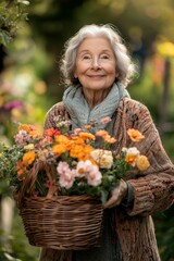 Happy senior woman florist carrying a basket of flowers outdoors in a garden, highlighting the joy and fulfillment of gardening in later years, Generative AI
