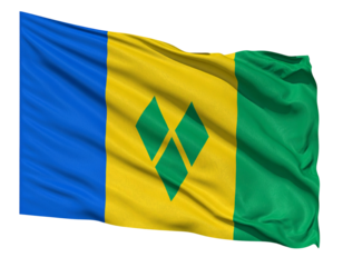 Waving Saint Vincent and the Grenadines Flag with Diamond Emblem, Side-Angled View, Isolated PNG.