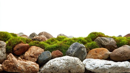 Moss covers various rocks in a closeup groundlevel view against a white backdrop