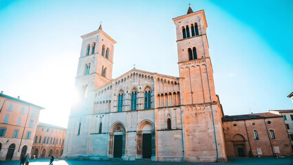 Historic Romanesque Cathedral in Trier Germany with Sunlight and Blue Sky