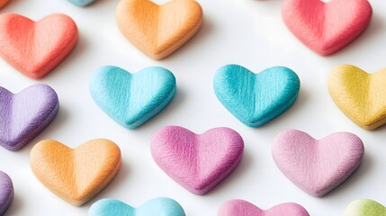 Obraz premium Close up of various pastel colored heart shaped objects arranged on a plain white surface evenly spaced