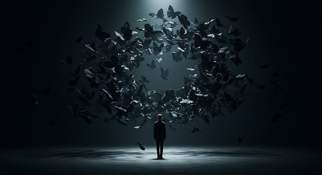 Surreal vision of a solitary man standing beneath a swirling vortex of dark butterflies in a mysterious, dark space