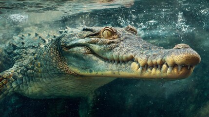 Fototapeta premium Underwater Close-Up of a Crocodile in the Wild / 野生のワニの水中クローズアップ