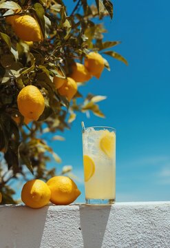 Lemonade Glass on Ledge with Hanging Lemons Against Blue Sky, Social Media Story Style Dynamic Composition, Overhead Outdoor Beverage Shot