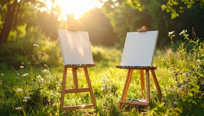 Empty Easels in Sunlit Meadow Surrounded by Wildflowers and Greenery