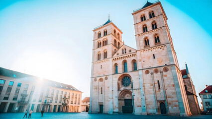 Historic Romanesque Cathedral in Trier Germany with Sunlight and Blue Sky