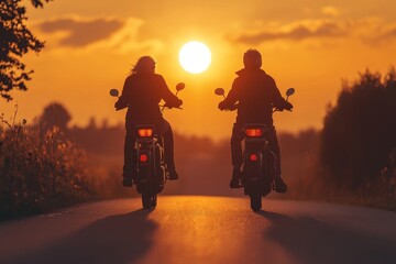 Active senior couple riding electric bicycles on a road at a summer park, promoting a healthy lifestyle and the benefits of eco-friendly transportation for older adults, Generative AI
