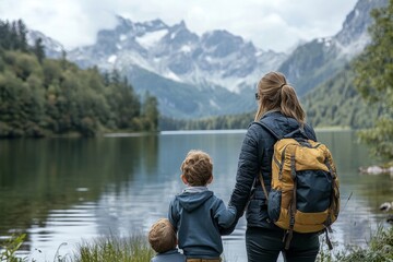 Rear view of a young family with small children, enjoying a peaceful moment while taking in the view at a lake surrounded by mountains. This scene captures the essence of family, Generative AI