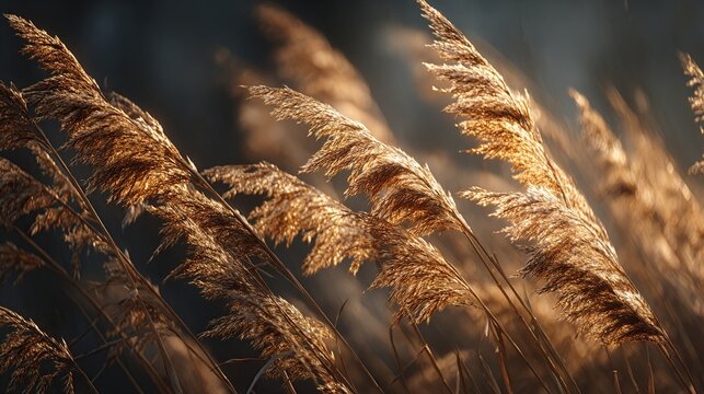 Golden reeds sway gently in warm light against a blurred, dark backdrop
