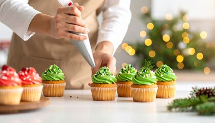 Baker Decorating Green Cupcakes with Icing and Festive Toppings