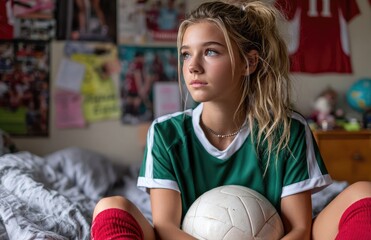 a tall, young girl sitting on her bed in a soccer outfit, holding a white ball and looking at the wall