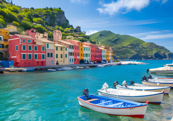 Colorful Mediterranean Coastal Village with Boats and Hills under Blue Sky