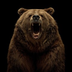 Obraz premium A fierce brown bear roars with its mouth wide open, displaying sharp teeth against a black background