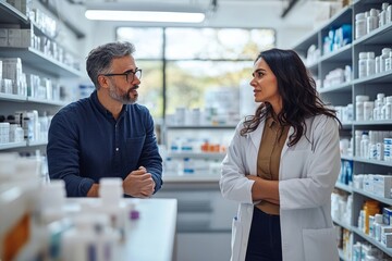 Doctor speaking to a pharmaceutical sales representative, discussing the latest medical products and advancements in healthcare, Generative AI