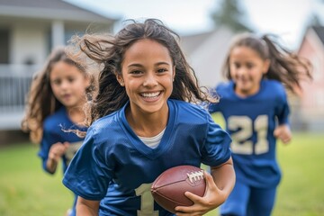 Mother playing football with her son, both dressed in football jerseys, highlighting the family unit as a cohesive soccer team. This moment of family bonding emphasizes the importance, Generative AI