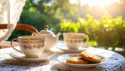 Fototapeta premium Elegant Tea Set with Cookies at Sunset in Cozy Garden Setting