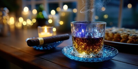 Obraz premium Relaxing evening with whiskey, cigar, and candlelight ambiance in a cozy setting