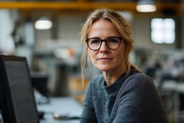 Portrait of a female chief engineer working on a computer in a modern industrial factory, representing leadership in engineering and technological innovation in manufacturing, Generative AI