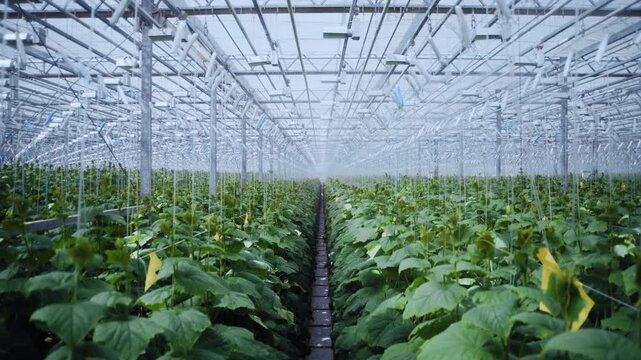 A dolly camera move shows cucumber plants in organized rows in a high-tech greenhouse setting.