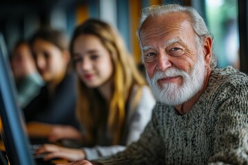Senior group in a retirement home with a young instructor learning together in a computer class, emphasizing the importance of digital literacy and lifelong learning, Generative AI