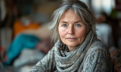 Portrait of a poor mature woman indoors at home, reflecting the challenges of living in poverty and the resilience of individuals facing economic hardships, Generative AI