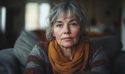Portrait of a poor mature woman indoors at home, reflecting the challenges of living in poverty and the resilience of individuals facing economic hardships, Generative AI