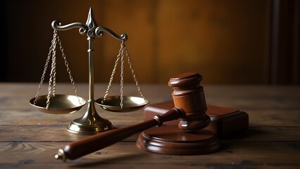Symbolism of Justice Scales and Gavel on Wood Table in Elegant Setting | Law and Legal Concept Depiction