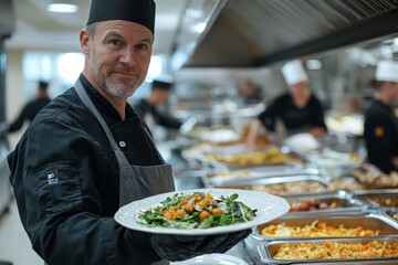 Chef handing a plate with a meal through an order station in a commercial kitchen, symbolizing the fast-paced and organized environment of food service, Generative AI