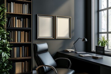 Black executive chair at desk with lamp, books, and frames in a stylish office interior illuminated by natural window light