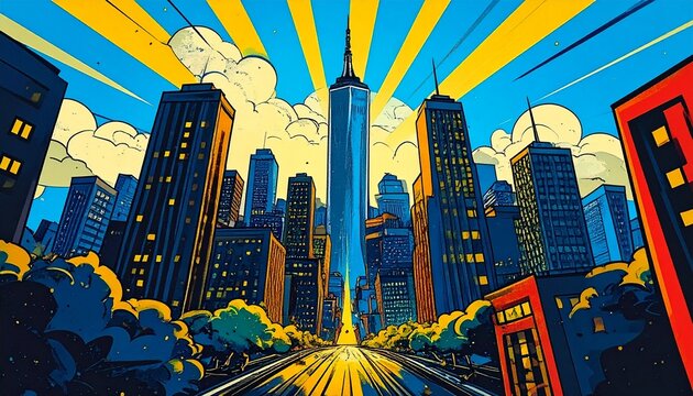 A classic American comic book cityscape wallpaper with towering skyscrapers.