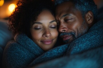 Close-up of a mid-adult couple  in bed at night, hugging and looking at each other lovingly, capturing an intimate and affectionate moment in a quiet home environment, Generative AI