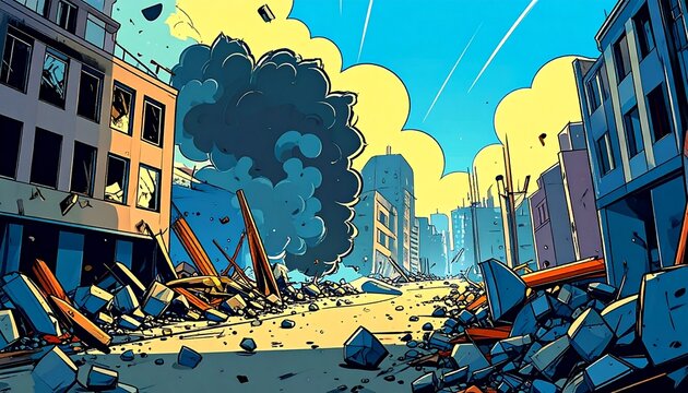 A destroyed city street after a battle. Comic book style background - Powered by Adobe