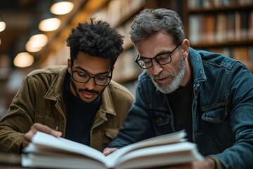 Handsome university professor assisting a student with their final project, showing a research paper and book for thesis work in a library setting, fostering academic support, Generative AI