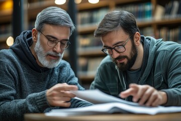 Handsome university professor assisting a student with their final project, showing a research paper and book for thesis work in a library setting, fostering academic support, Generative AI