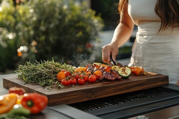Unrecognizable woman preparing vegetables on a wooden board during a weekend barbecue in the yard, showcasing the joy of outdoor cooking and family gatherings, Generative AI