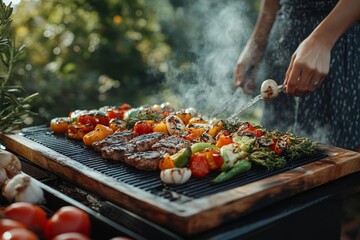 Unrecognizable woman preparing vegetables on a wooden board during a weekend barbecue in the yard, showcasing the joy of outdoor cooking and family gatherings, Generative AI