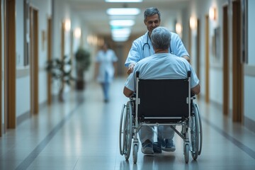 Male nurse pushing a patient in a wheelchair down a hospital corridor, helping an overweight patient with health concerns, emphasizing care and attention in healthcare settings, Generative AI